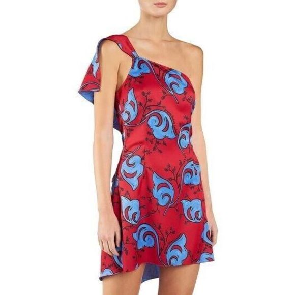 Versace Jeans Couture Sz 6 Red/Blue One Shoulder Envers Satin Print Dress - Picture 10 of 11